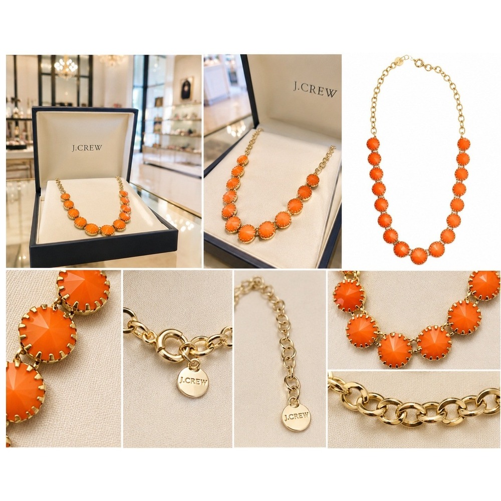 J.Crew Orange Statement Necklace Gold Tone Faceted Rivoli Necklace